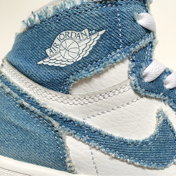 NIKE youth blue denim white leather Air Jordan 1 Retro OG high top sneakers - Picture 8 of 10